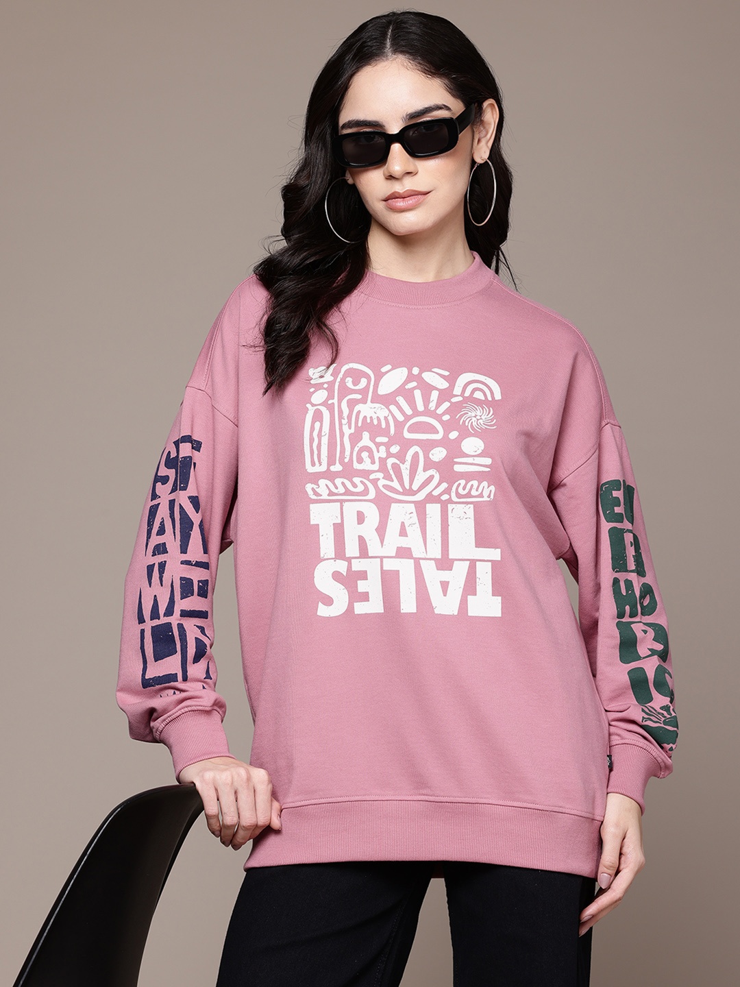 

The Roadster Lifestyle Co. Drop-Shoulder Printed Oversized Sweatshirt, Rose