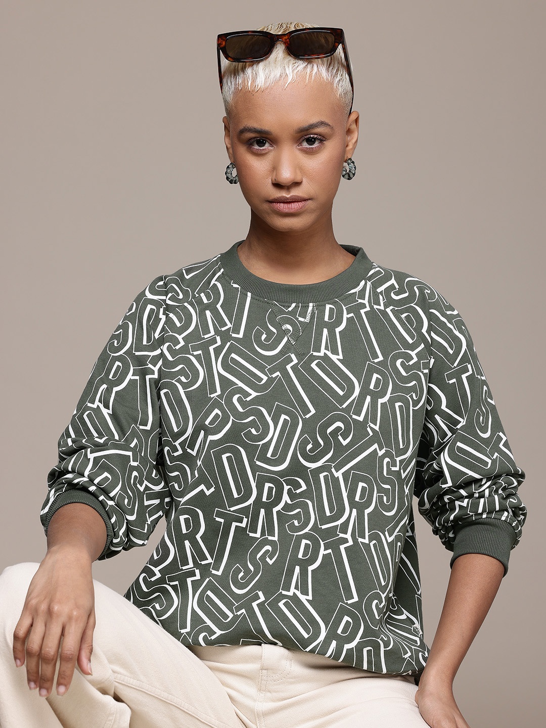 

The Roadster Lifestyle Co. Printed Raglan Sleeve Sweatshirt, Olive