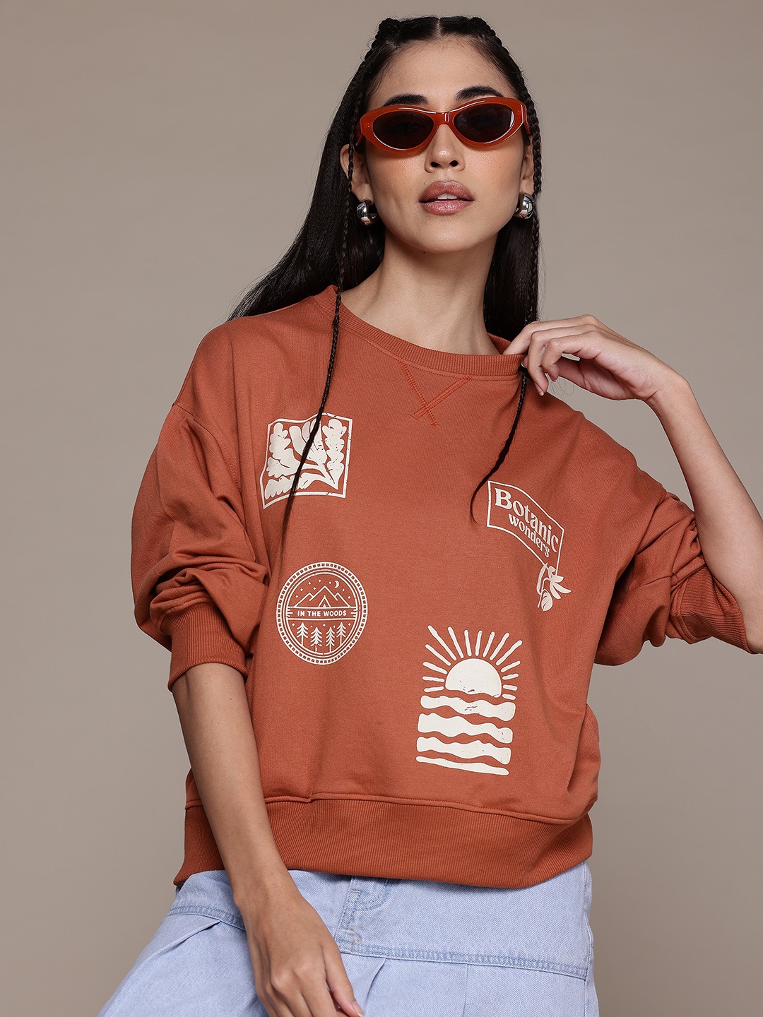 

The Roadster Lifestyle Co. Printed Drop-Shoulder Sleeves Sweatshirt, Rust