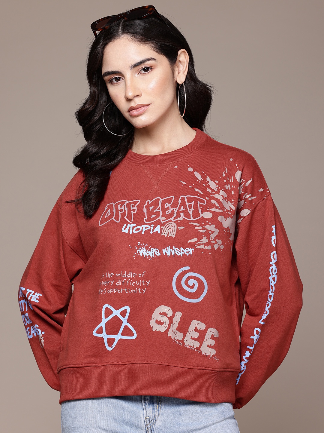 

The Roadster Lifestyle Co. Drop-Shoulder Printed Sweatshirt, Red