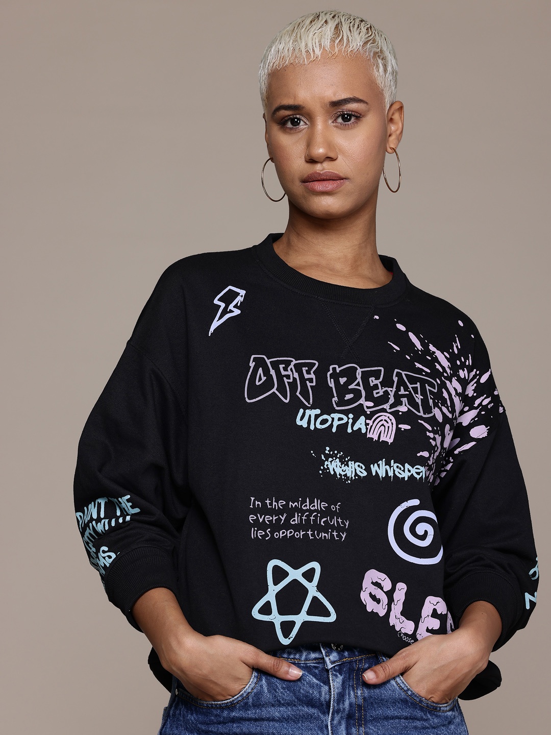 

The Roadster Lifestyle Co. Printed Drop-Shoulder Sleeve Sweatshirt, Black