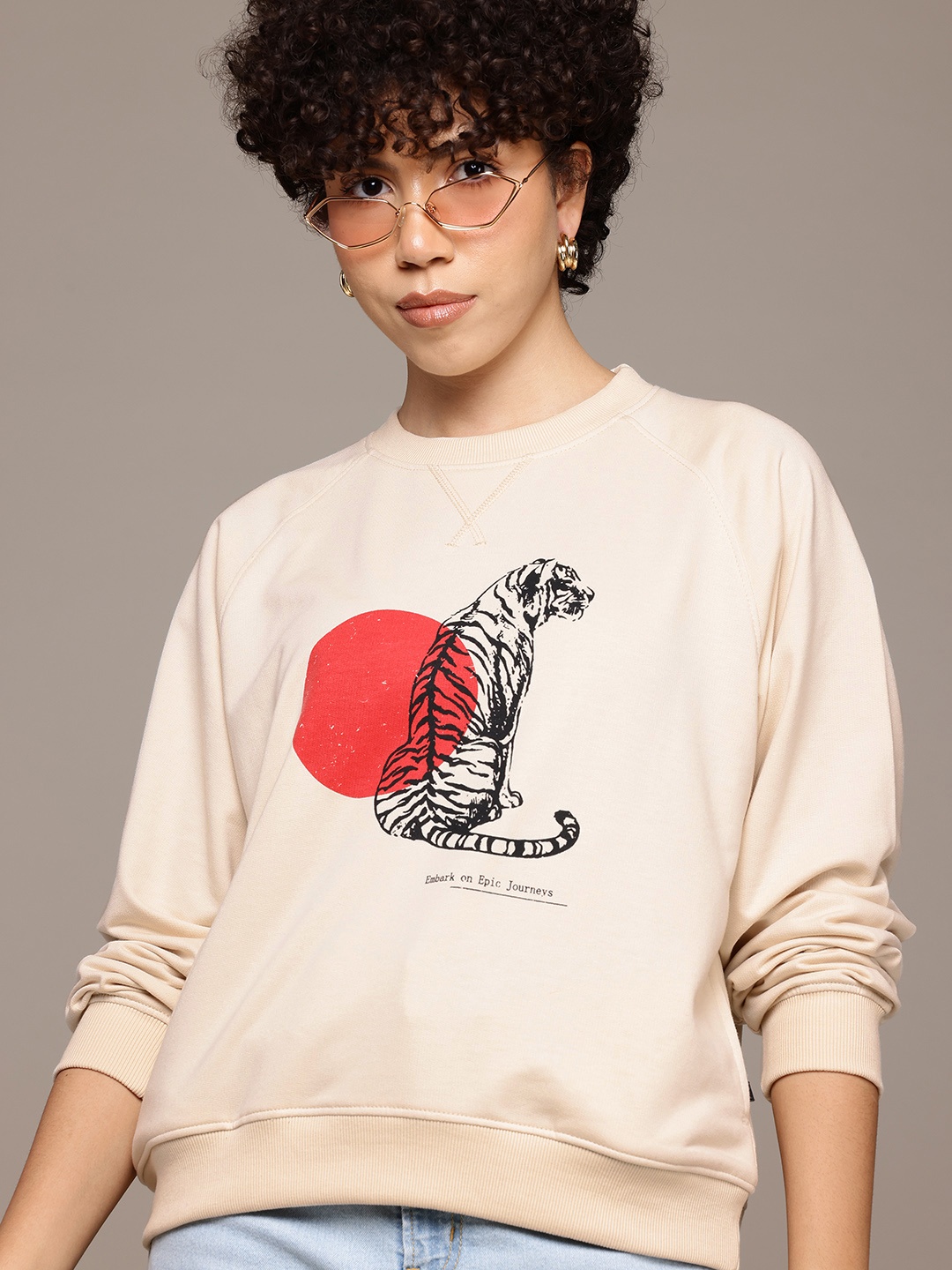 

The Roadster Lifestyle Co. Women Printed Sweatshirt, Beige