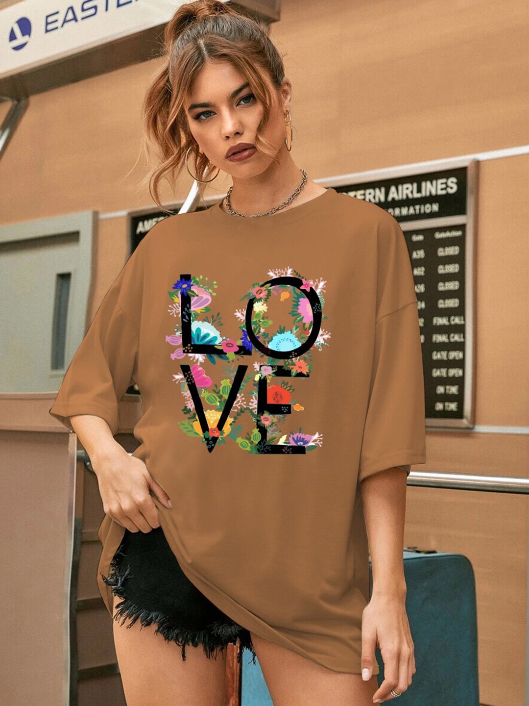 

CHKOKKO Women Typography Printed Cotton T-shirt, Gold