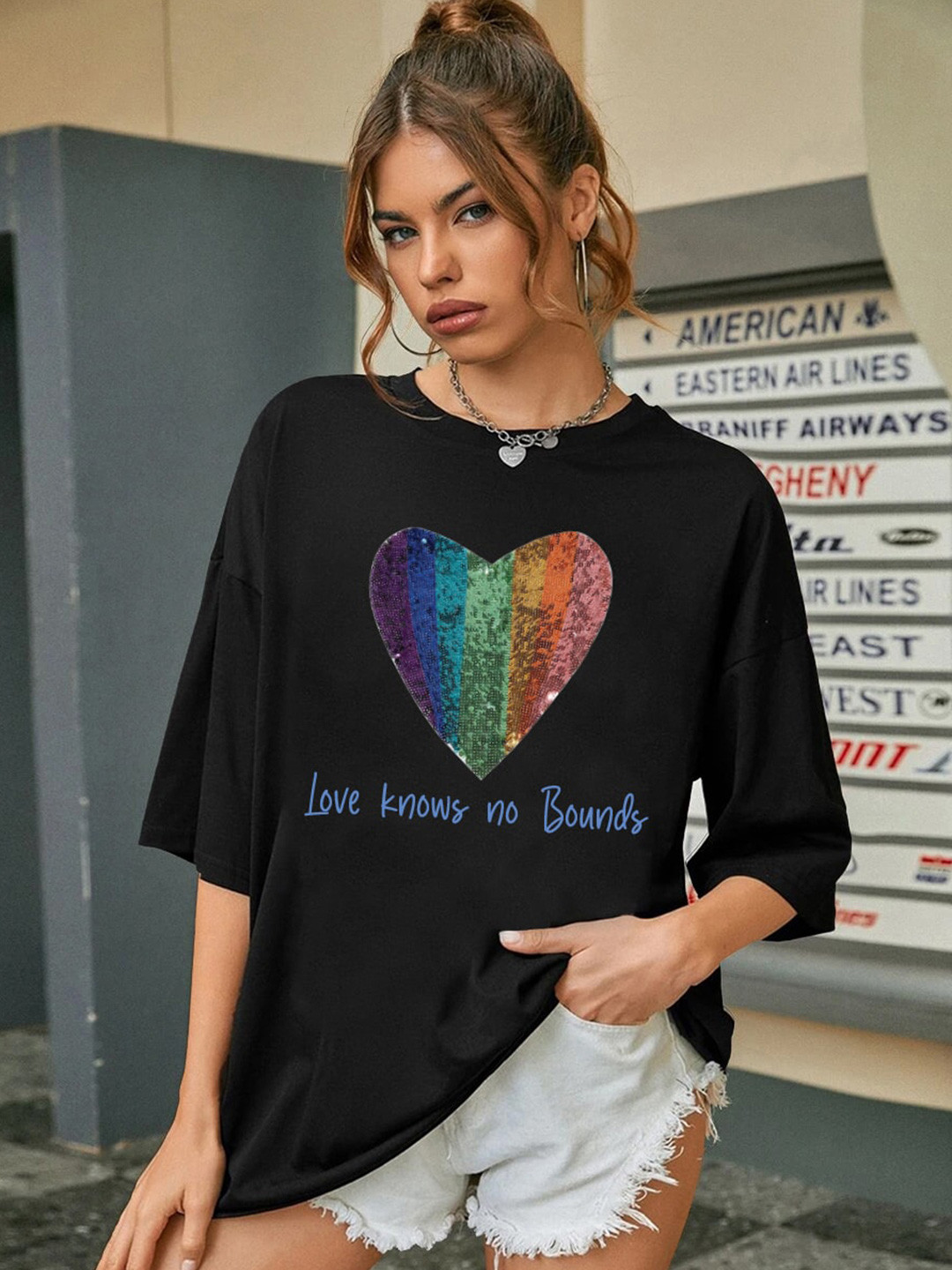 

CHKOKKO Women Printed Round Neck Cotton T-shirt, Black