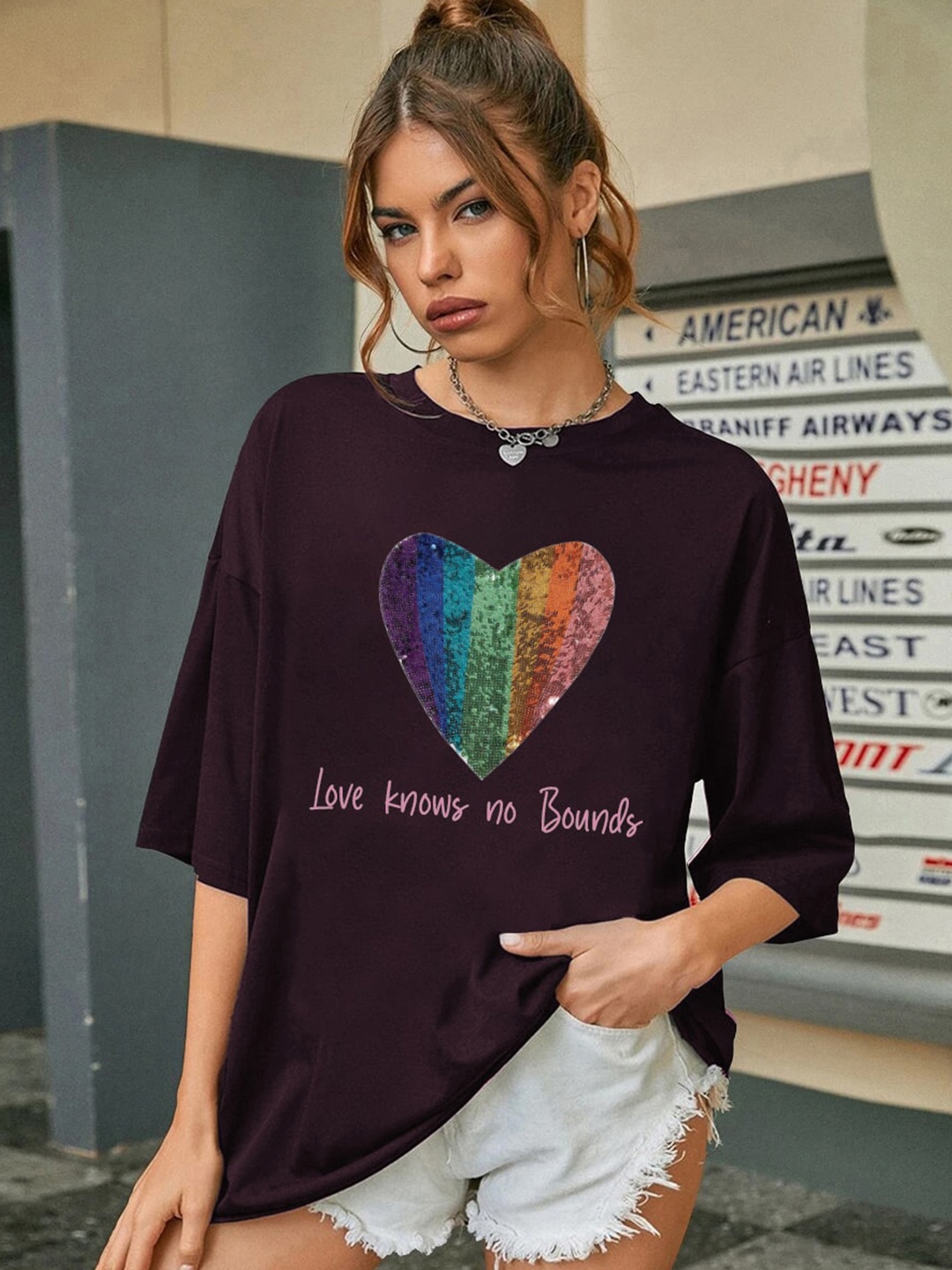 

CHKOKKO Women Oversized Round Neck Printed Cotton T-shirt, Violet