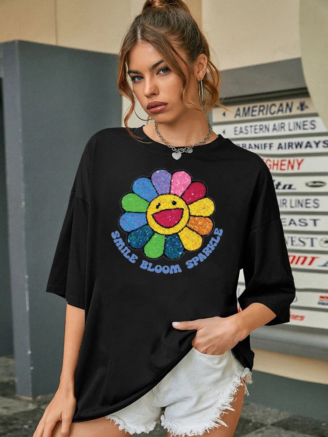 

CHKOKKO Women Round Neck Printed Embellished Cotton T-shirt, Black