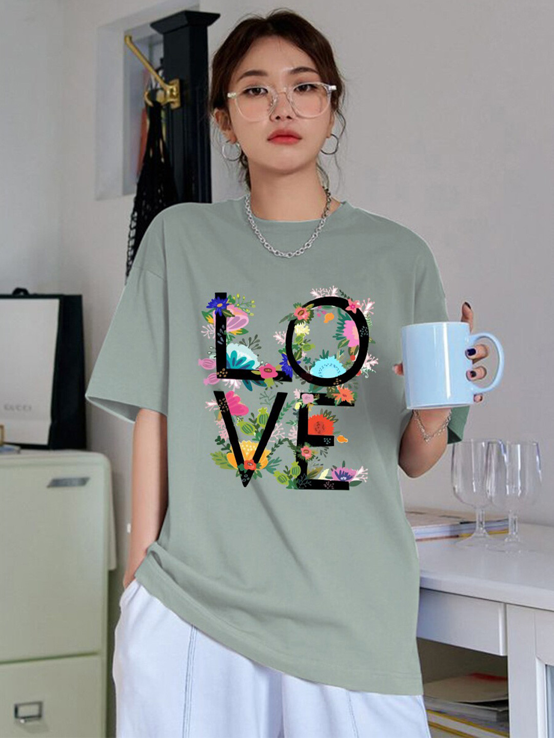 

CHKOKKO Women Printed Round Neck Cotton T-shirt, Green
