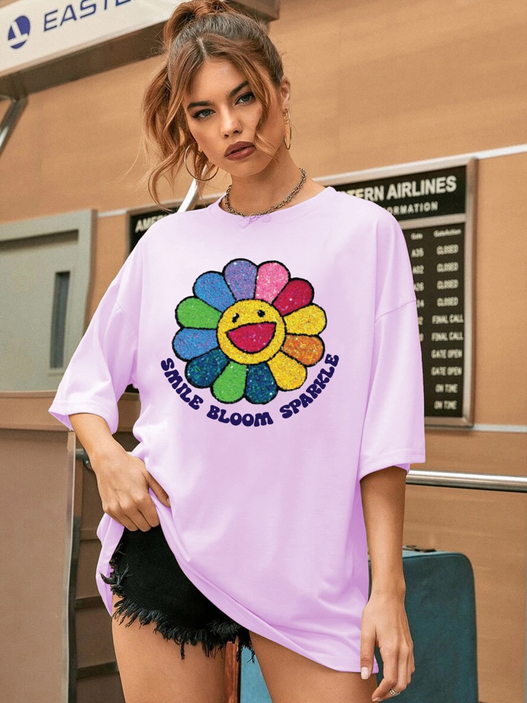 

CHKOKKO Women Round Neck Printed Cotton T-shirt, Lavender