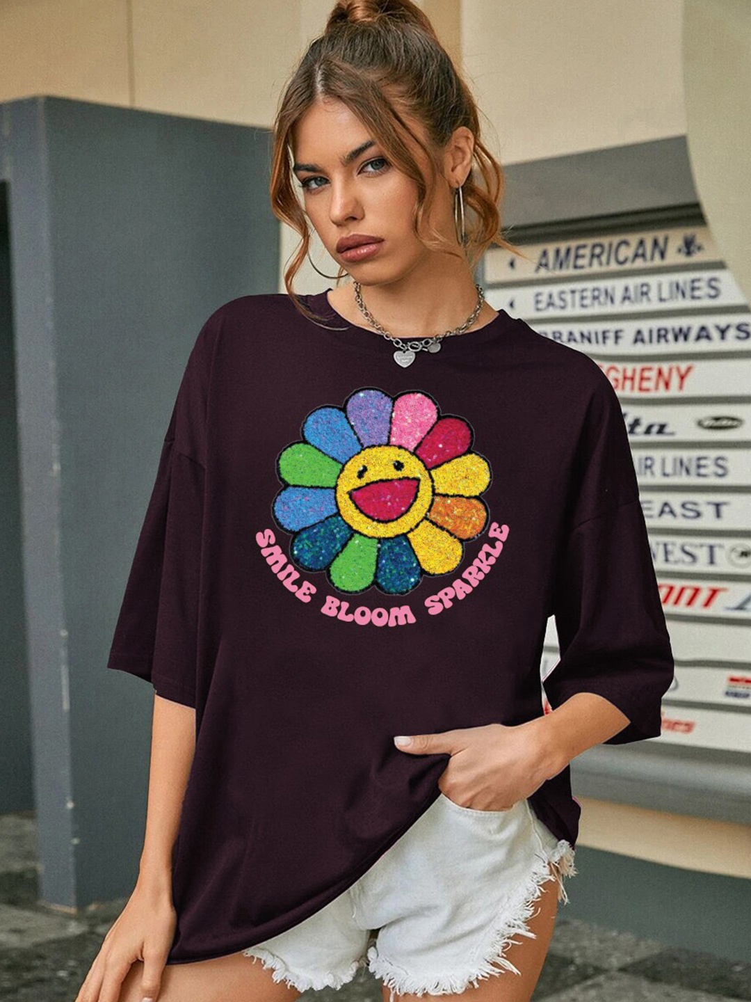

CHKOKKO Women Oversized Round Neck Printed Cotton T-shirt, Violet