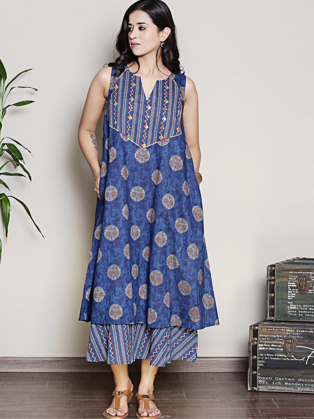 

Spring Soul Ethnic Motifs Printed A-Line Maxi Dress, Blue