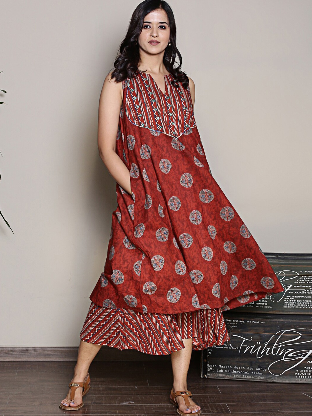

Spring Soul Ethnic Motifs Printed A-Line Midi Dress, Red