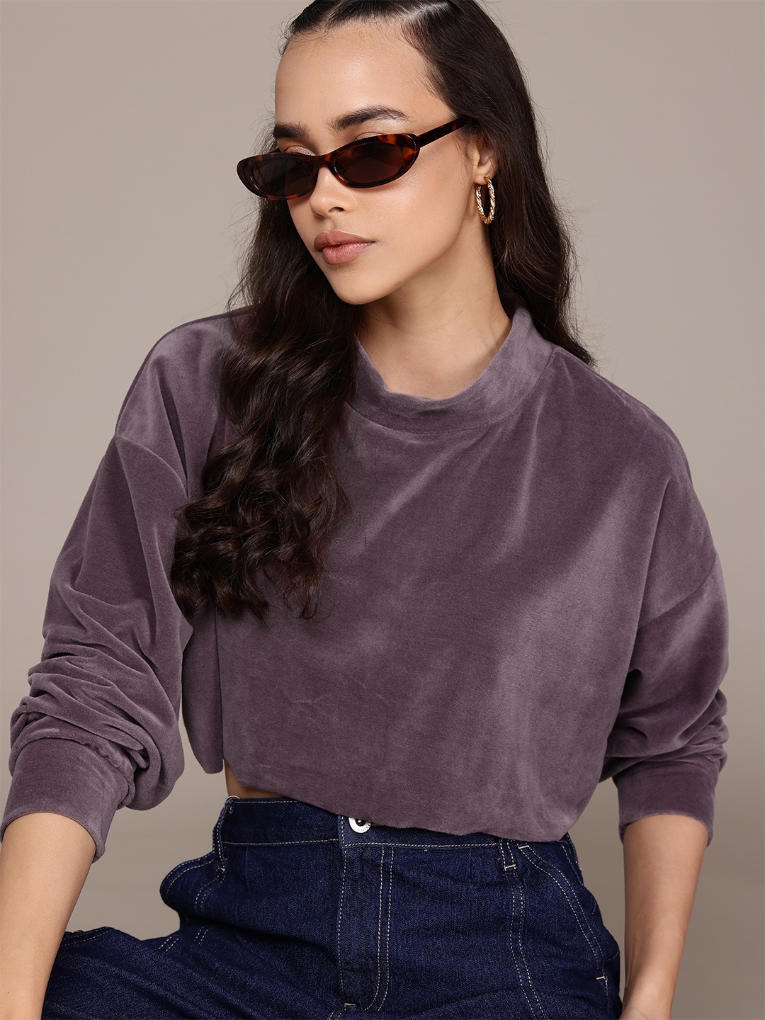 

The Roadster Lifestyle Co. Drop Sleeve Crop Fleece Sweatshirt, Purple
