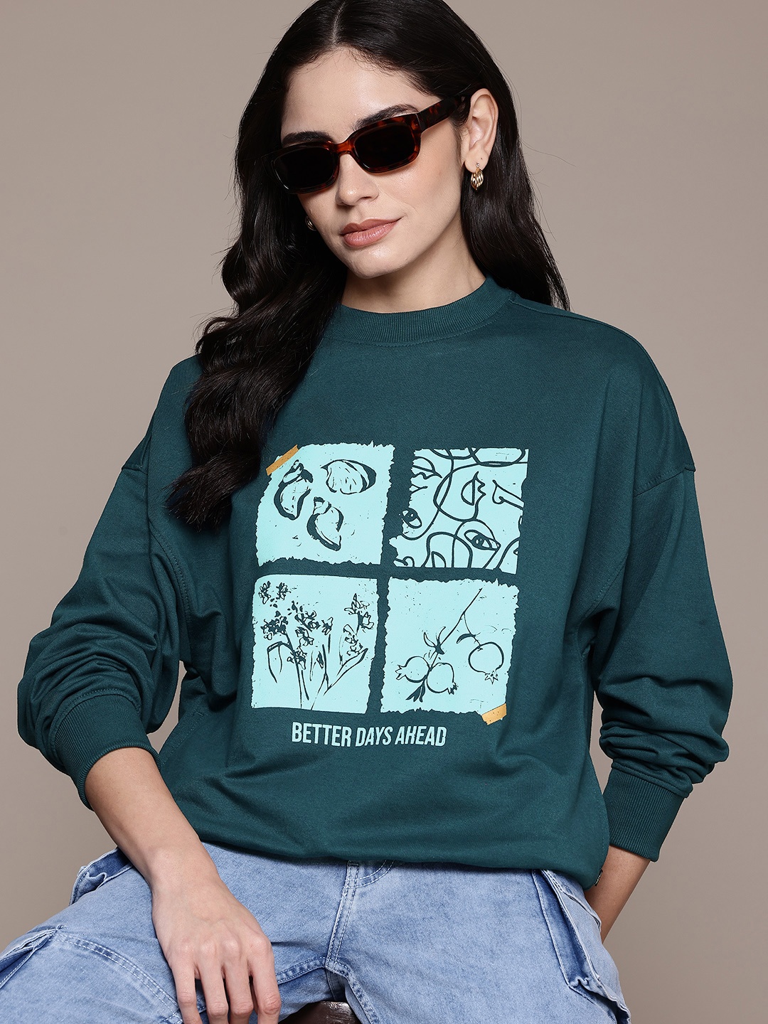 

The Roadster Lifestyle Co. Women Printed Sweatshirt, Teal