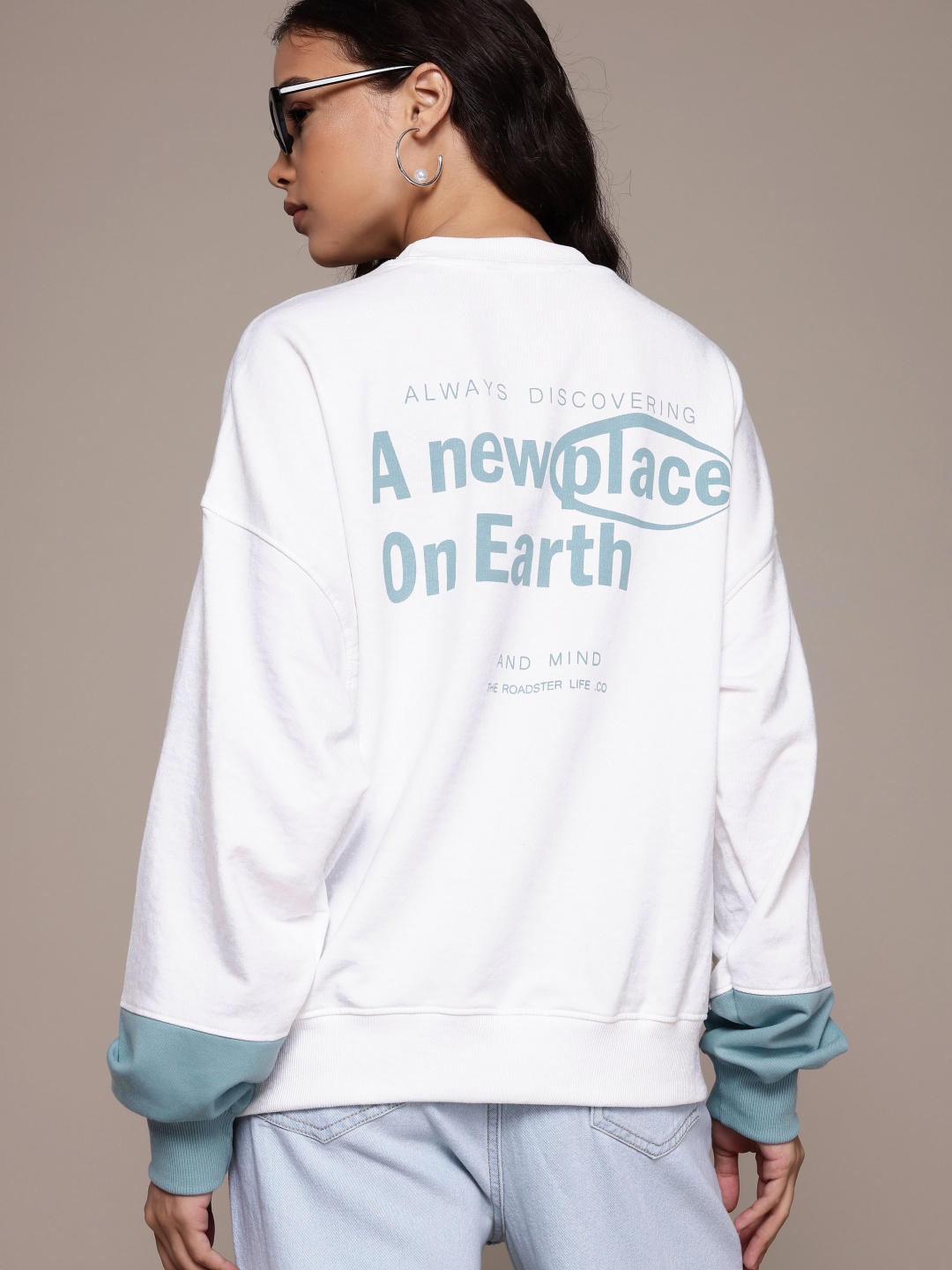 

The Roadster Lifestyle Co. Printed Sweatshirt with Drop-Shoulder Sleeves, White
