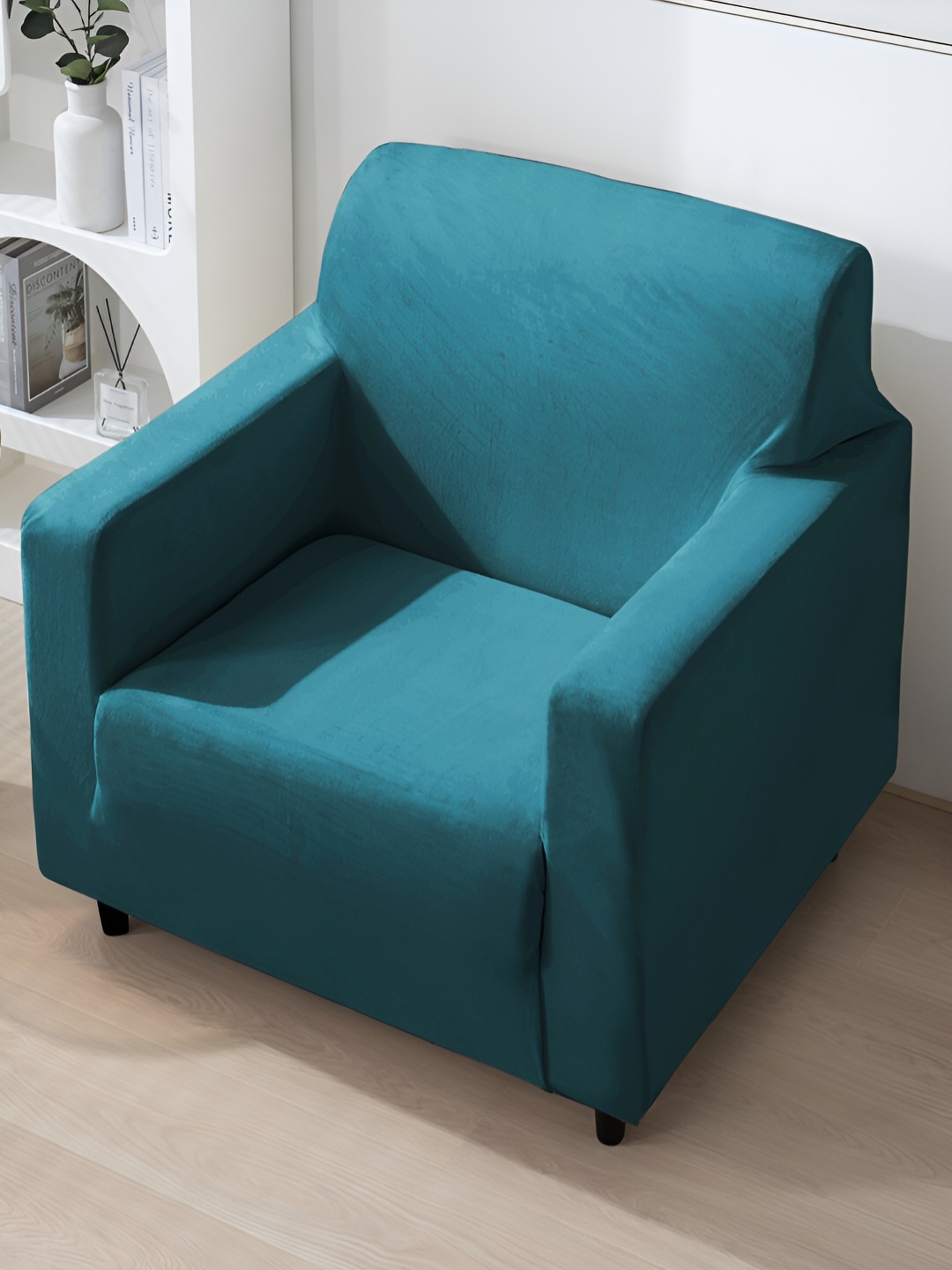 

HOKIPO Turquoise Blue Velvet 200 GSM 1 Seater Sofa Cover With Arms