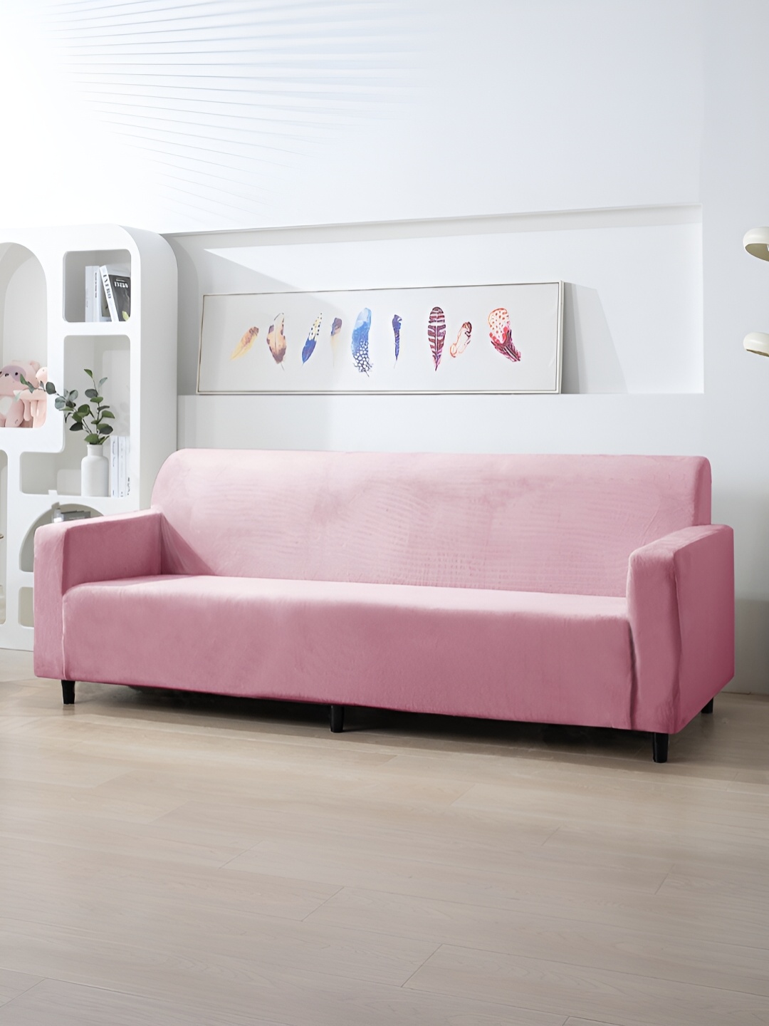 

HOKIPO Pink Solid Velvet 200 Gsm 4 Seater Sofa Cover With Arms