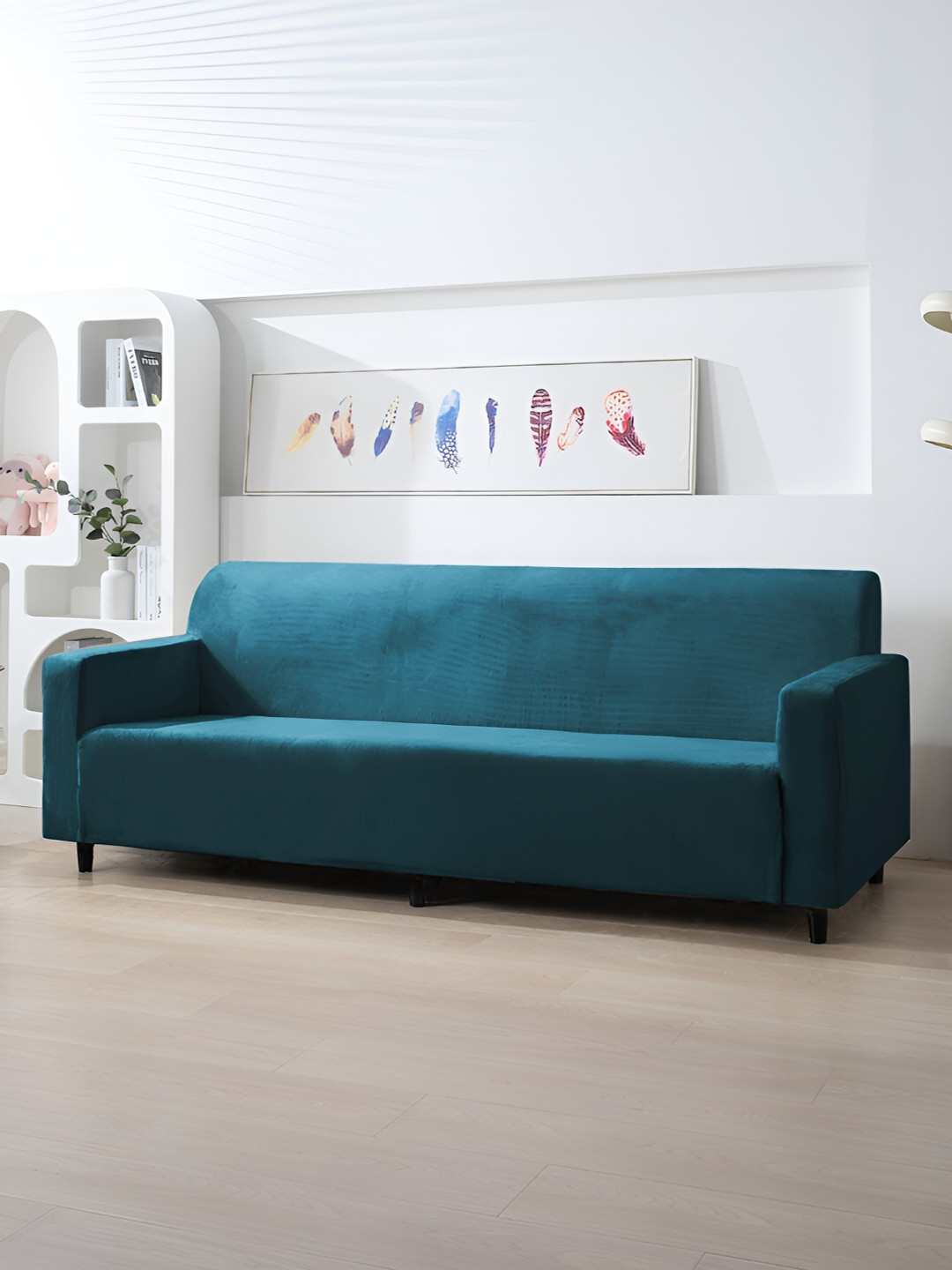 

HOKIPO Blue Solid Velvet 1 Piece Sofa Cover With Arms