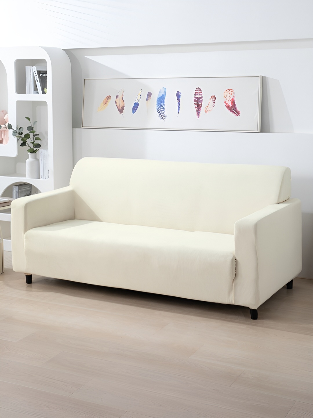 

HOKIPO Beige Solid Velvet 200 Gsm 3 Seater Sofa Cover With Arms