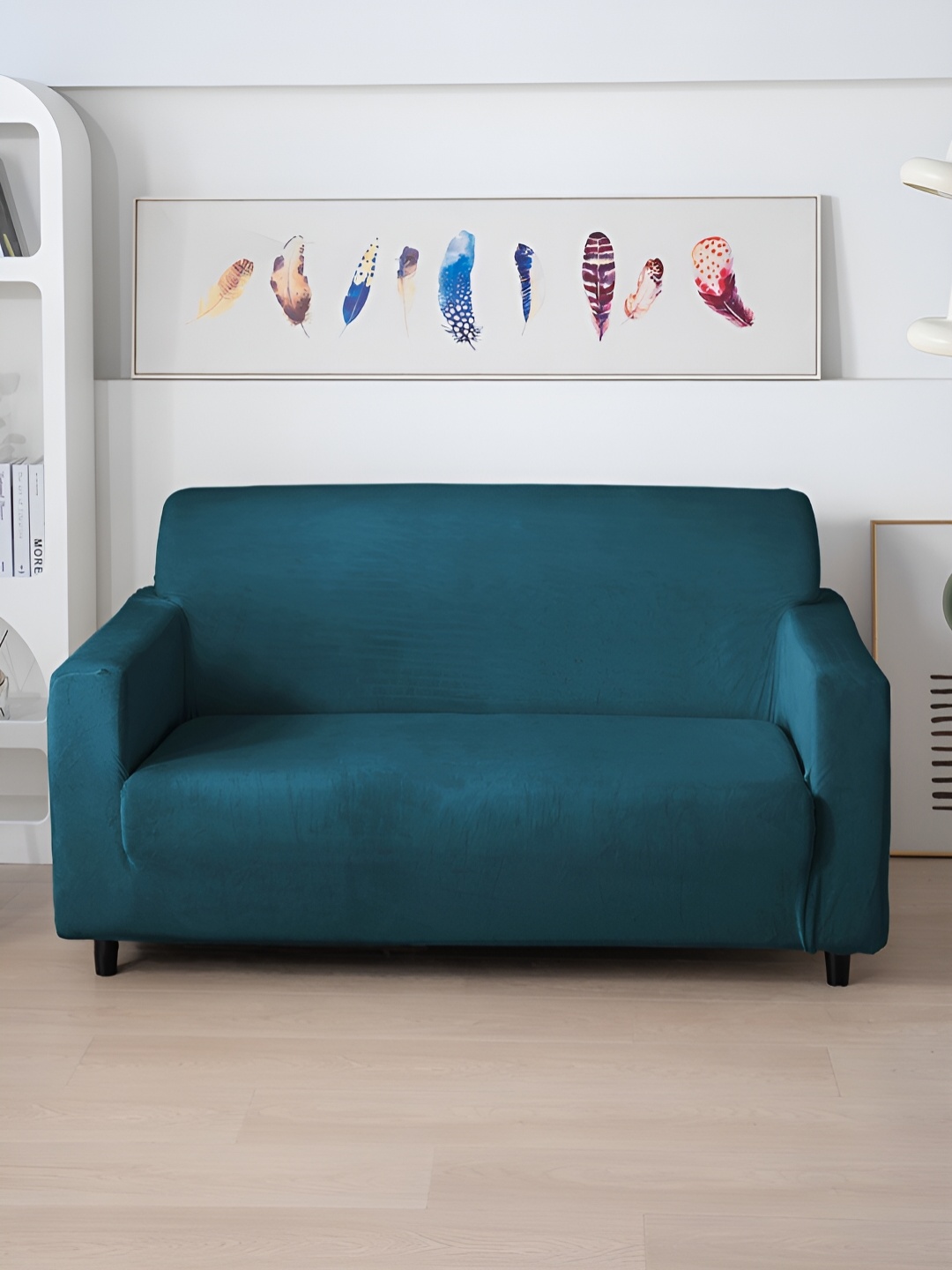 

HOKIPO Blue Solid Velvet 200 GSM 2 Seater Fully Covered Sofa Cover With Arms