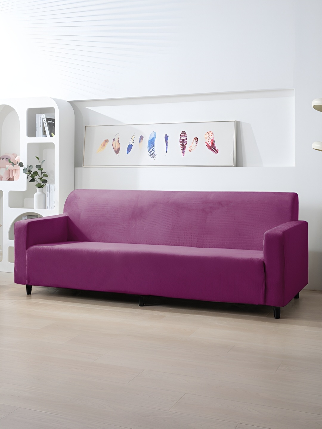 

HOKIPO Purple Velvet 4 Seater Elastic Sofa Cover