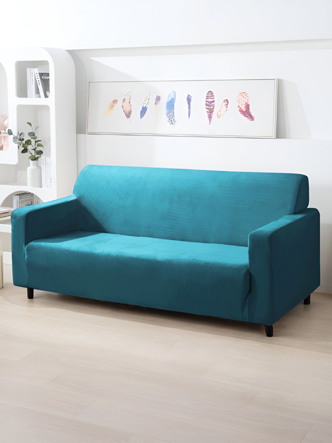 

HOKIPO Turquoise Blue Velvet 200 Gsm 3 Seater Sofa Cover With Arms