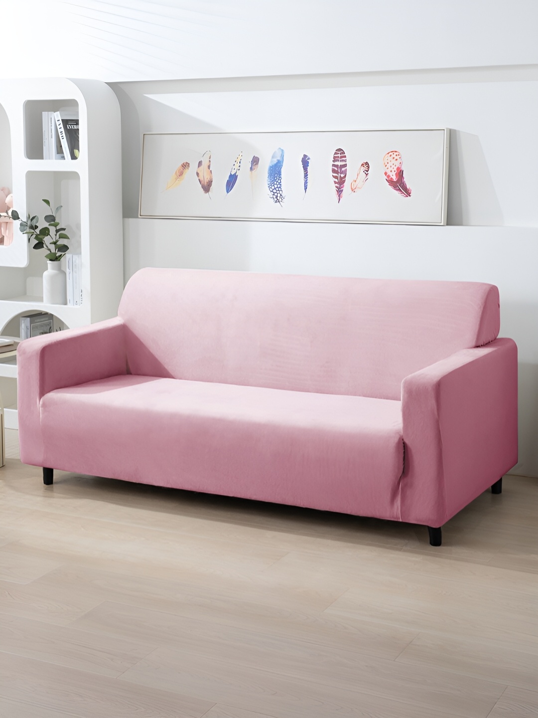 

HOKIPO Pink Solid Velvet 200 Gsm 3 Seater Sofa Cover With Arms