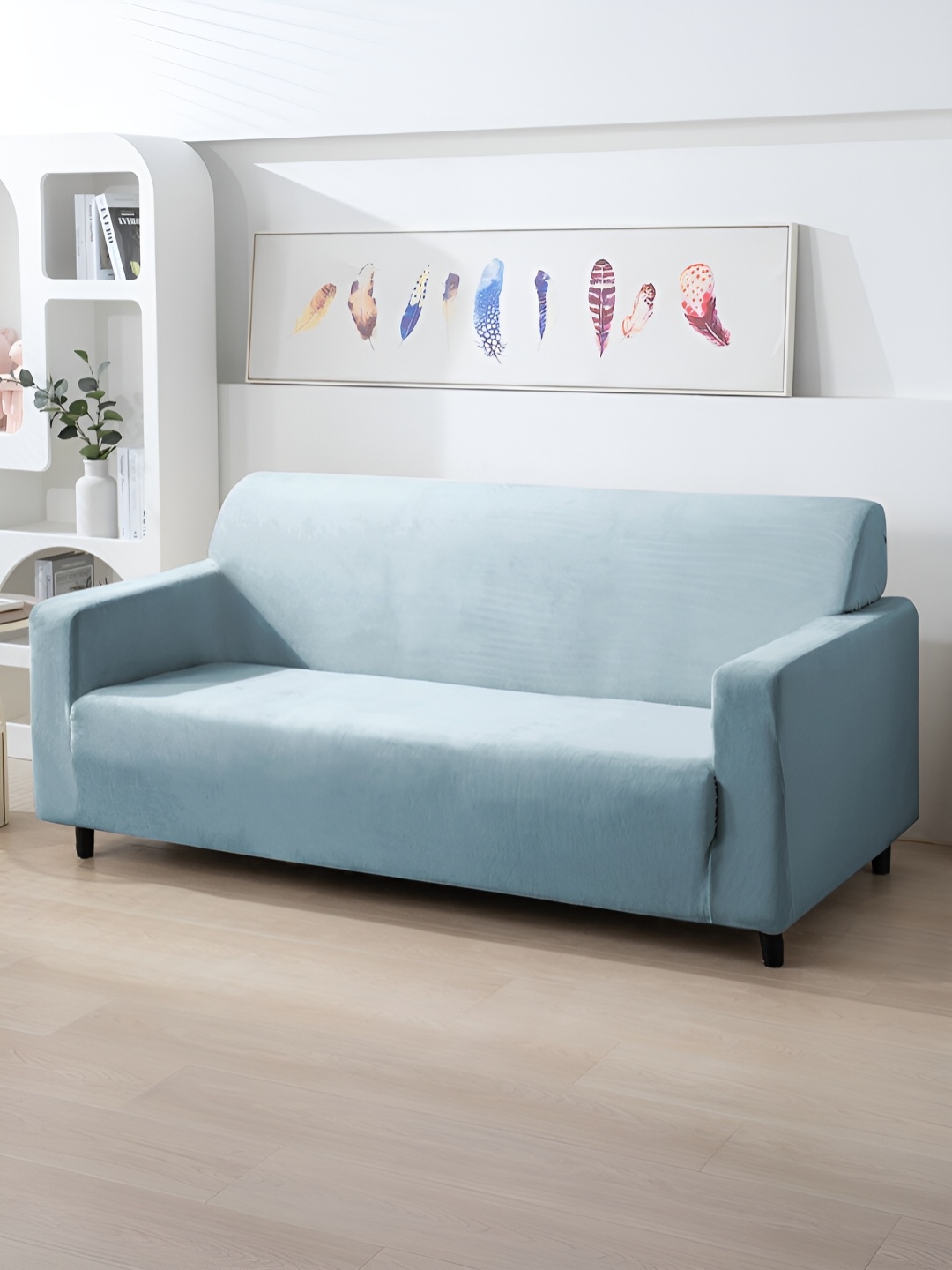 

HOKIPO Blue Solid Velvet 200 Gsm 3 Seater Sofa Cover With Arms