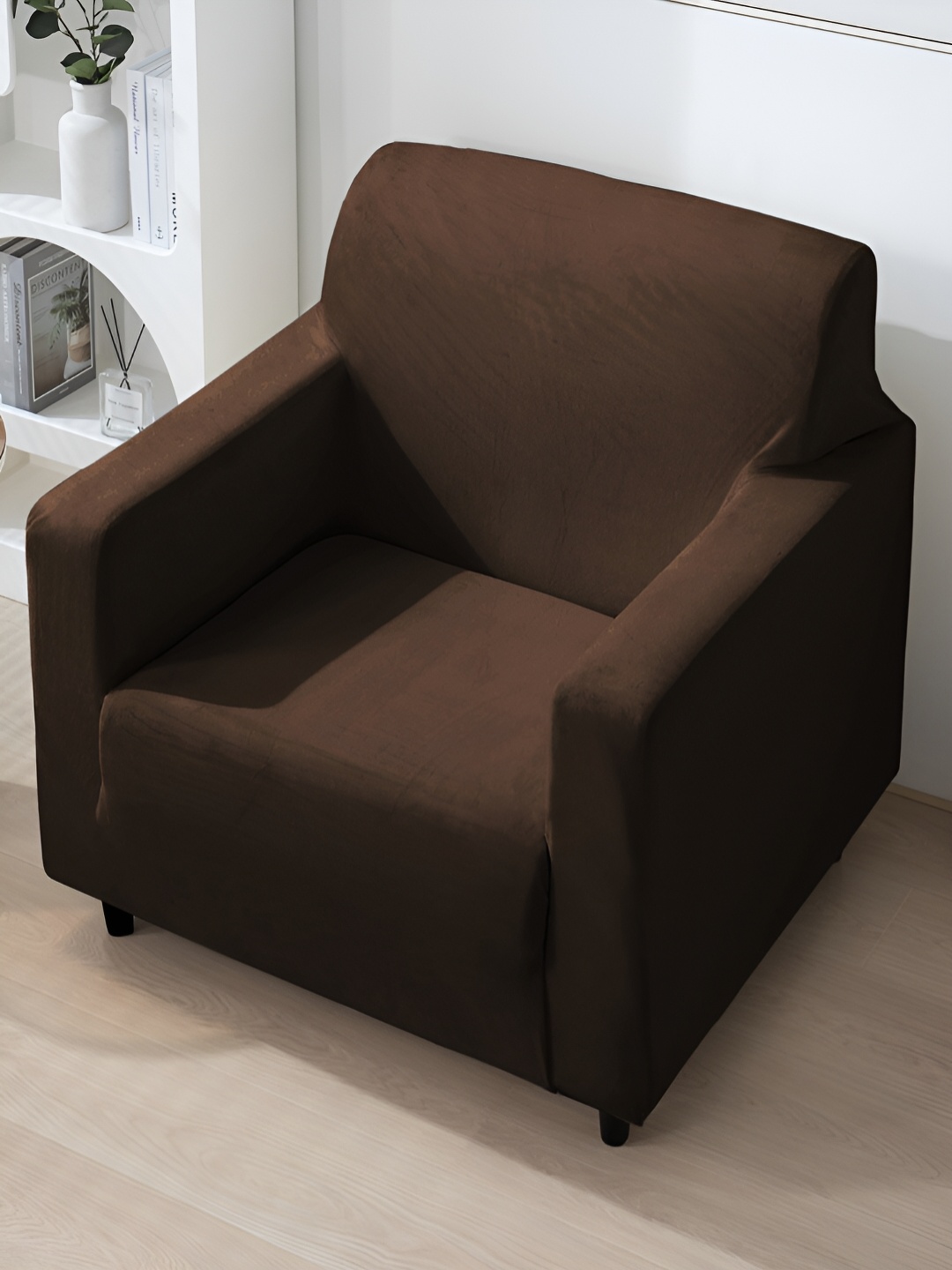 

HOKIPO Brown Solid Velvet 200 GSM 1 Seater Sofa Cover With Arms