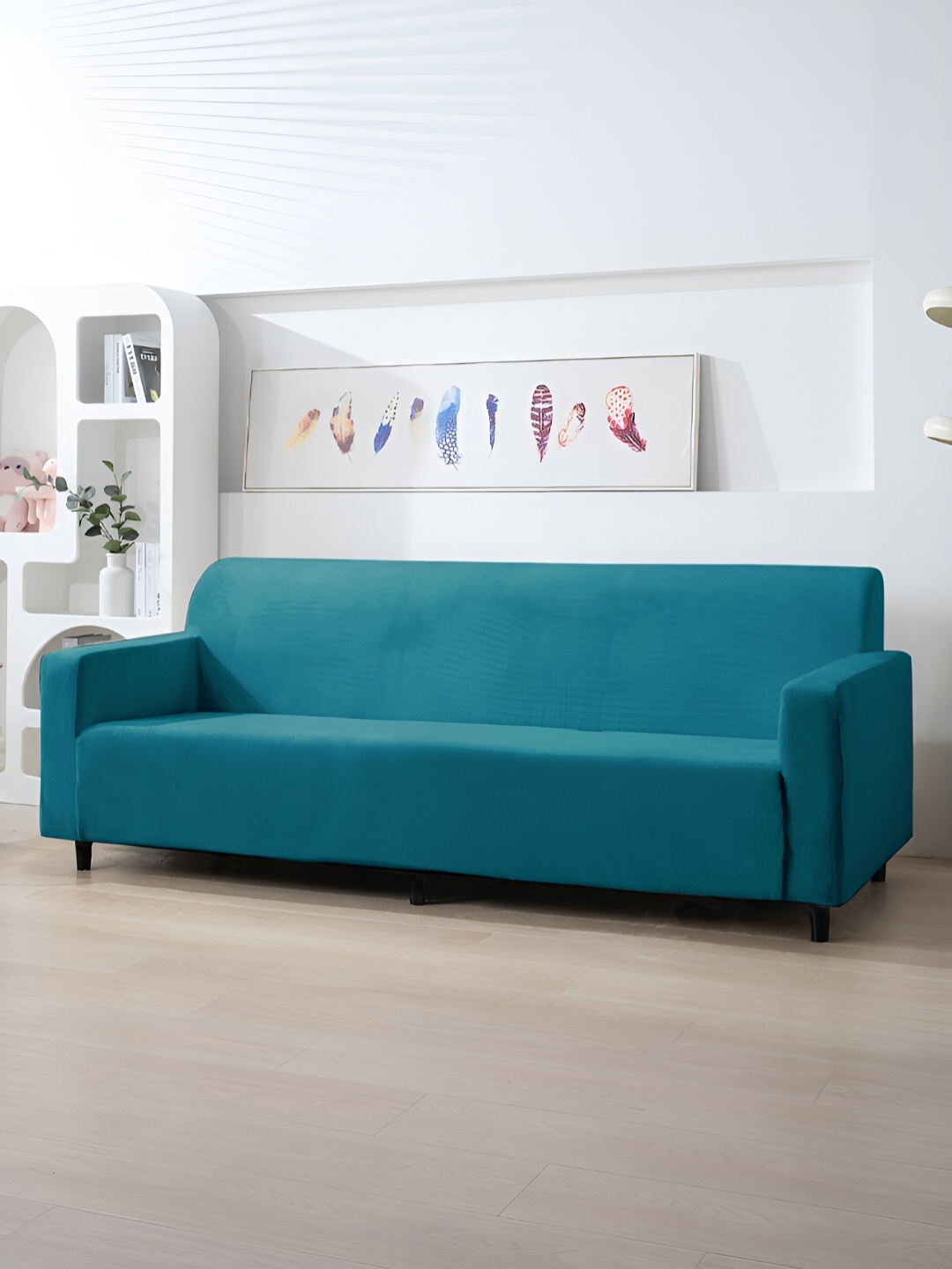 

HOKIPO Turquoise Blue Solid Velvet 1 Piece Sofa Cover With Arms