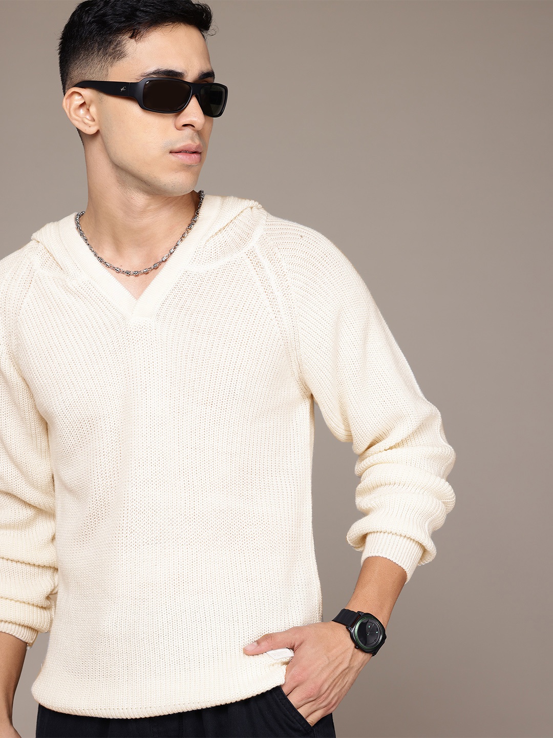 

The Roadster Lifestyle Co. Men Ribbed Hooded Acrylic Pullover, White