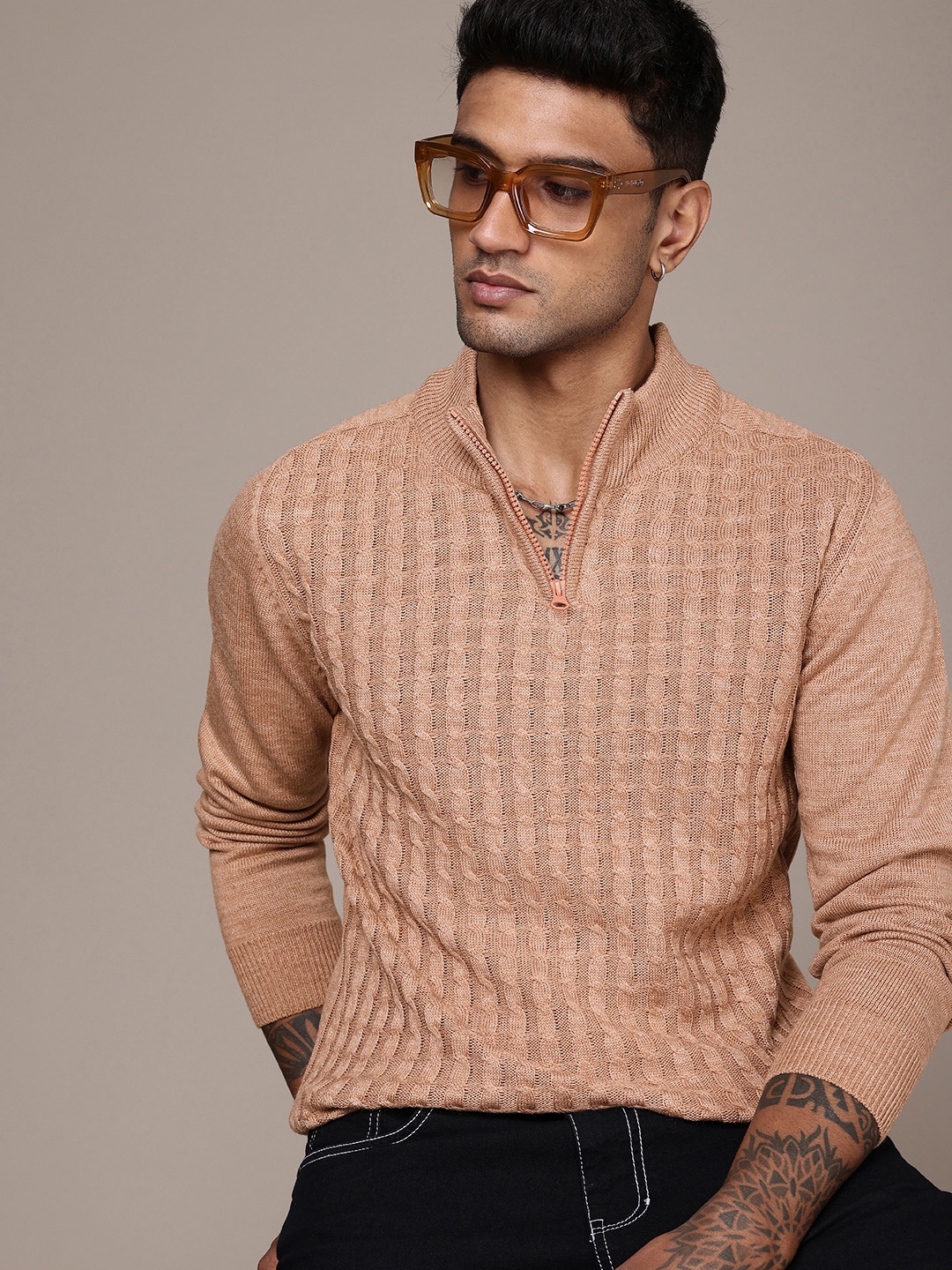 

The Roadster Life Co. Self Design Knitted Half Zipper Sweater, Tan