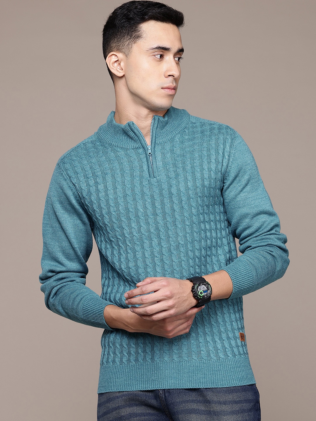 

The Roadster Life Co. Self Design Cable Knit Acrylic Pullover, Blue