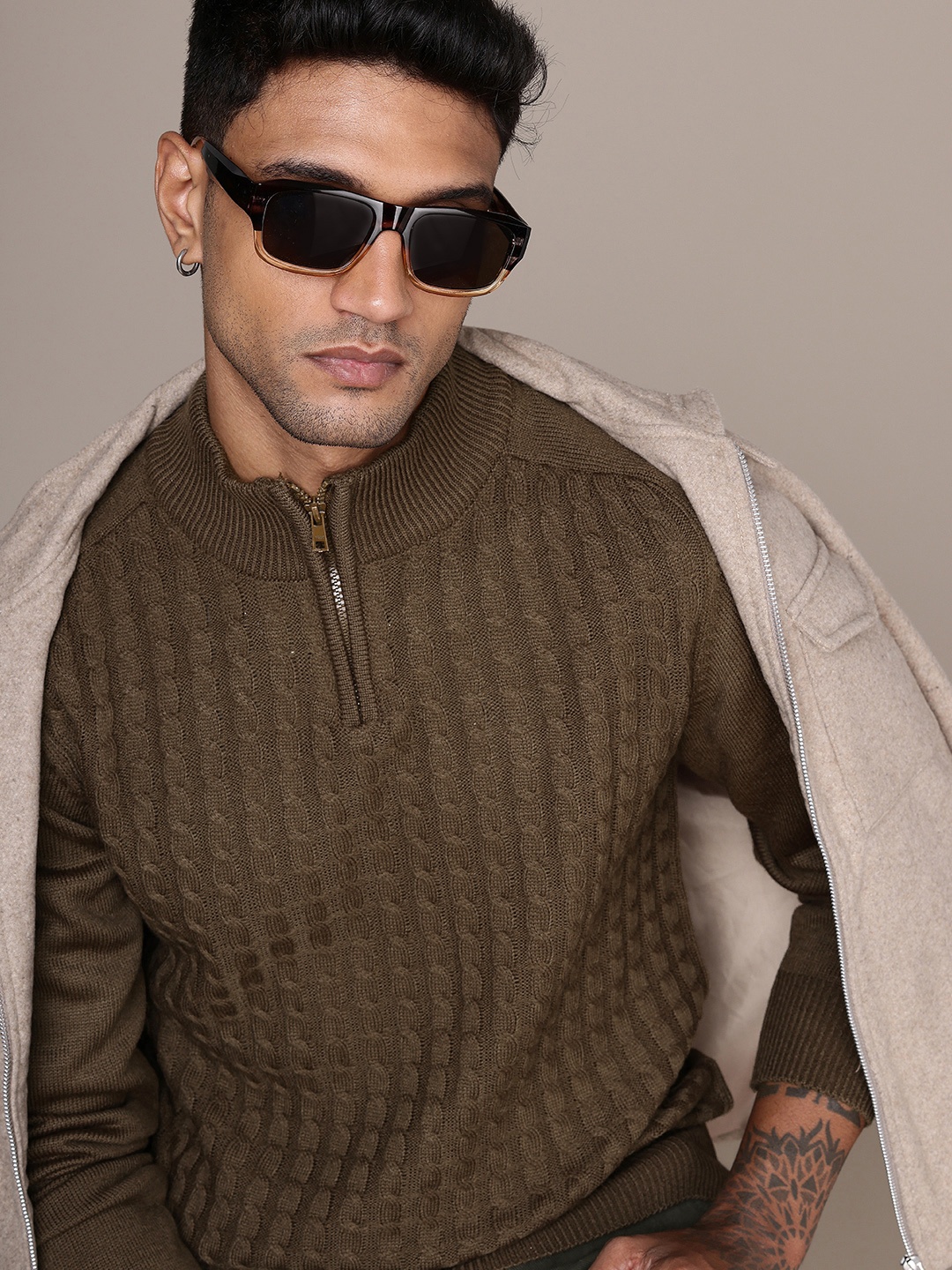 

The Roadster Life Co. Half Zipper Cable Knit Pullover Sweaters, Taupe