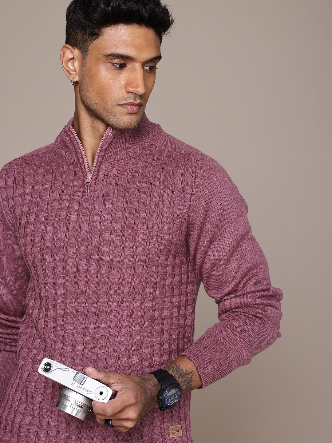 

The Roadster Life Co. Cable Knitted Mock Collar Pullover Sweater, Mauve