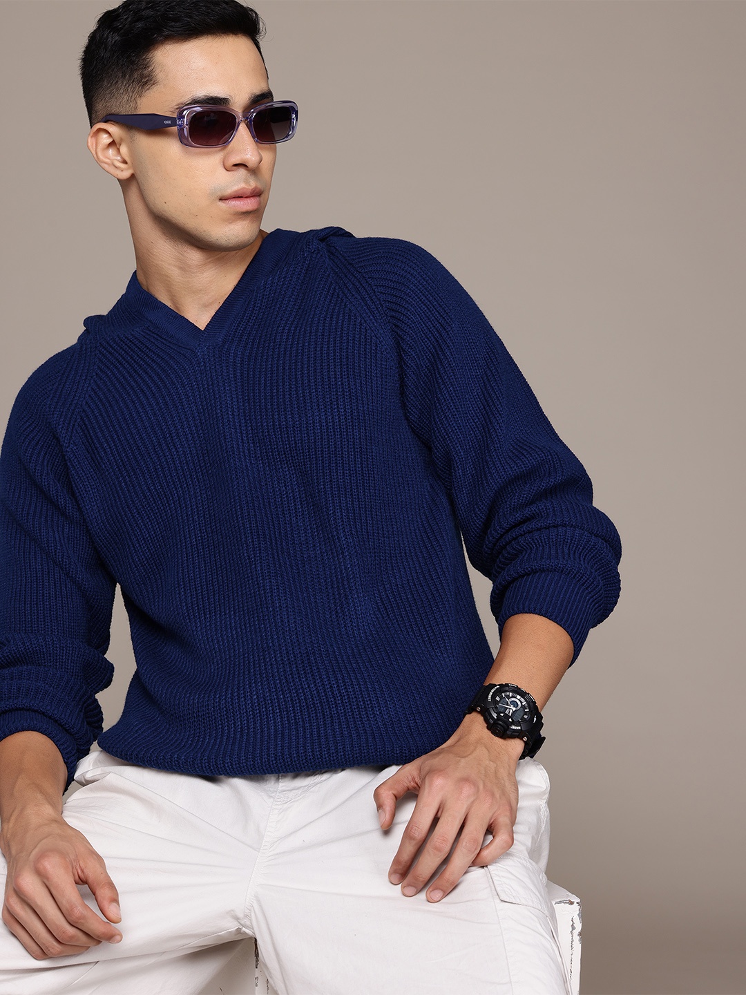 

The Roadster Lifestyle Co. Men Ribbed Hooded Acrylic Pullover, Navy blue