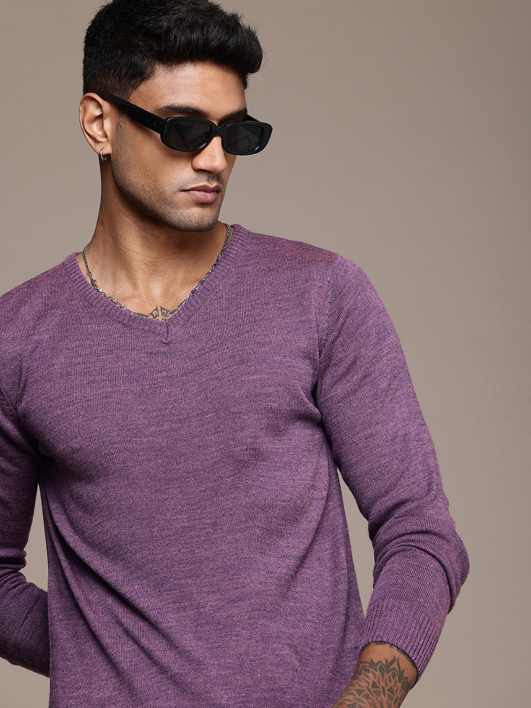 

The Roadster Life Co. V-Neck Knitted Pullover Sweaters, Purple