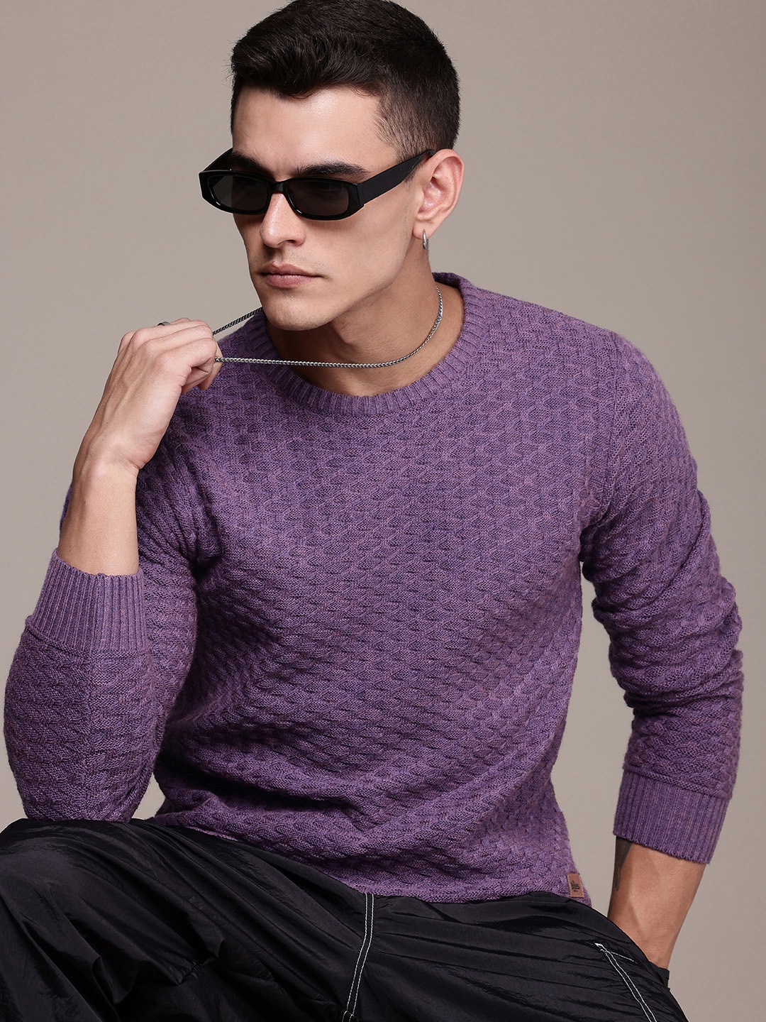 

The Roadster Life Co. Geometric Self Designed Pure Acrylic Pullover, Purple