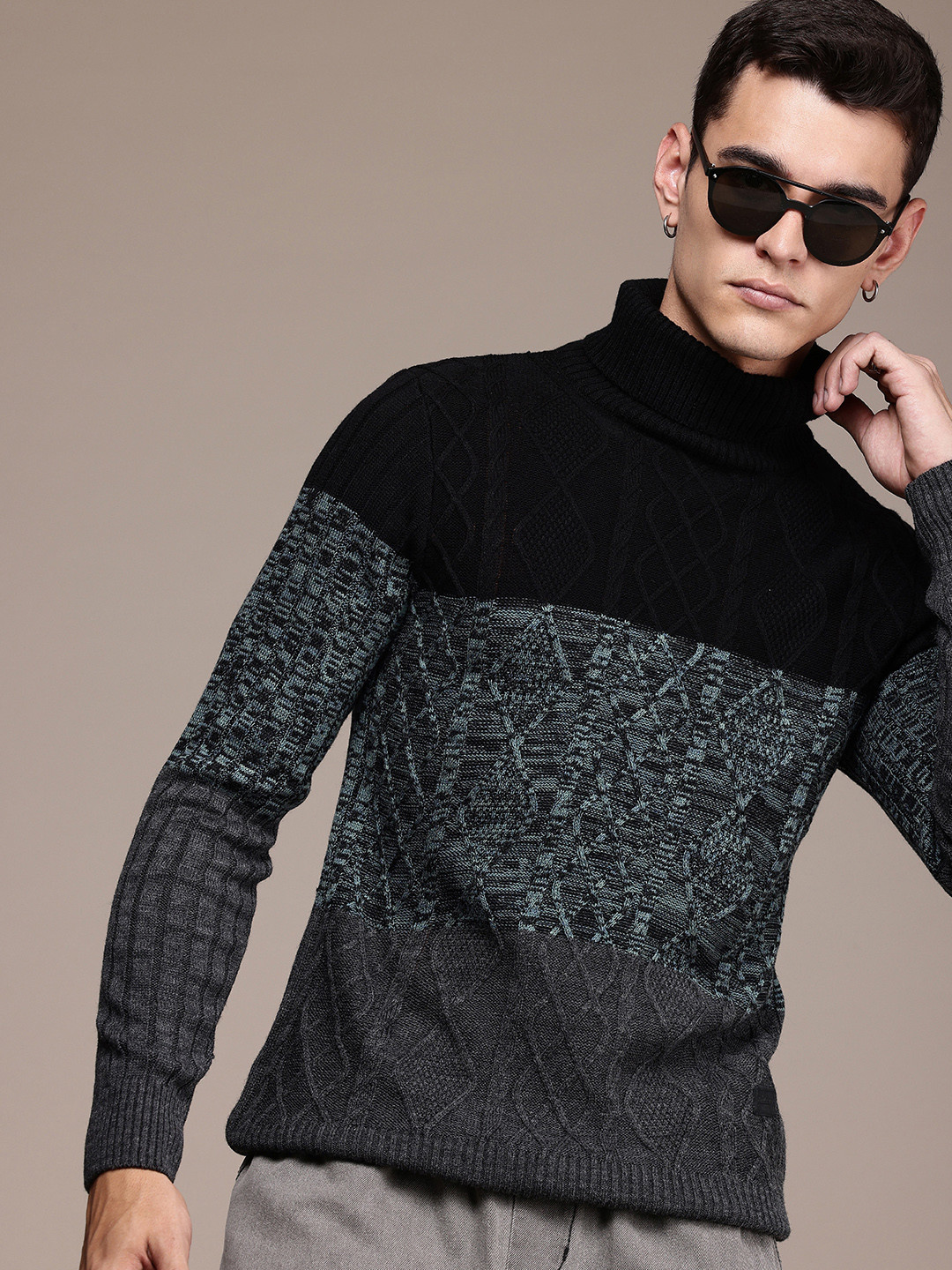 

The Roadster Life Co. Cable Knit Turtle Neck Pure Acrylic Pullover, Black