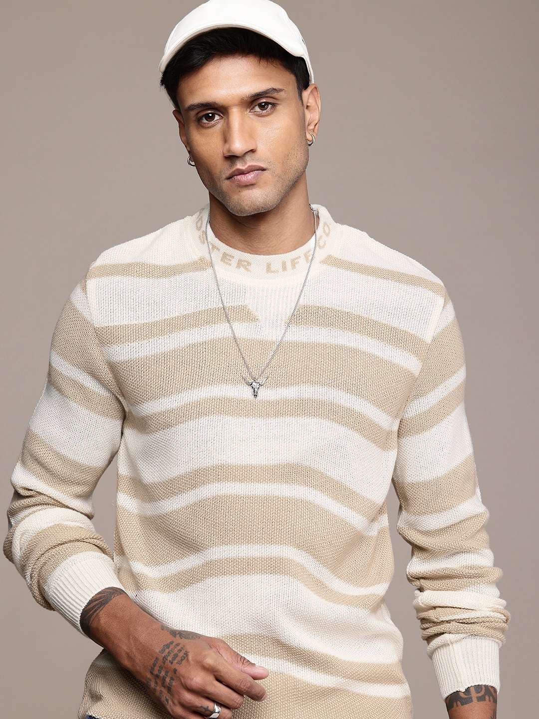 

The Roadster Life Co. Knitted Striped Pullover Sweater, Beige