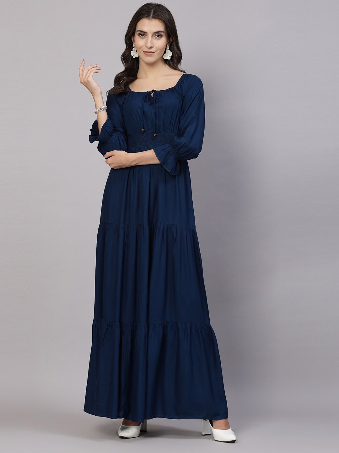 

aayu Tie-Up Neck Bell Sleeve Smocked Maxi Dress, Blue