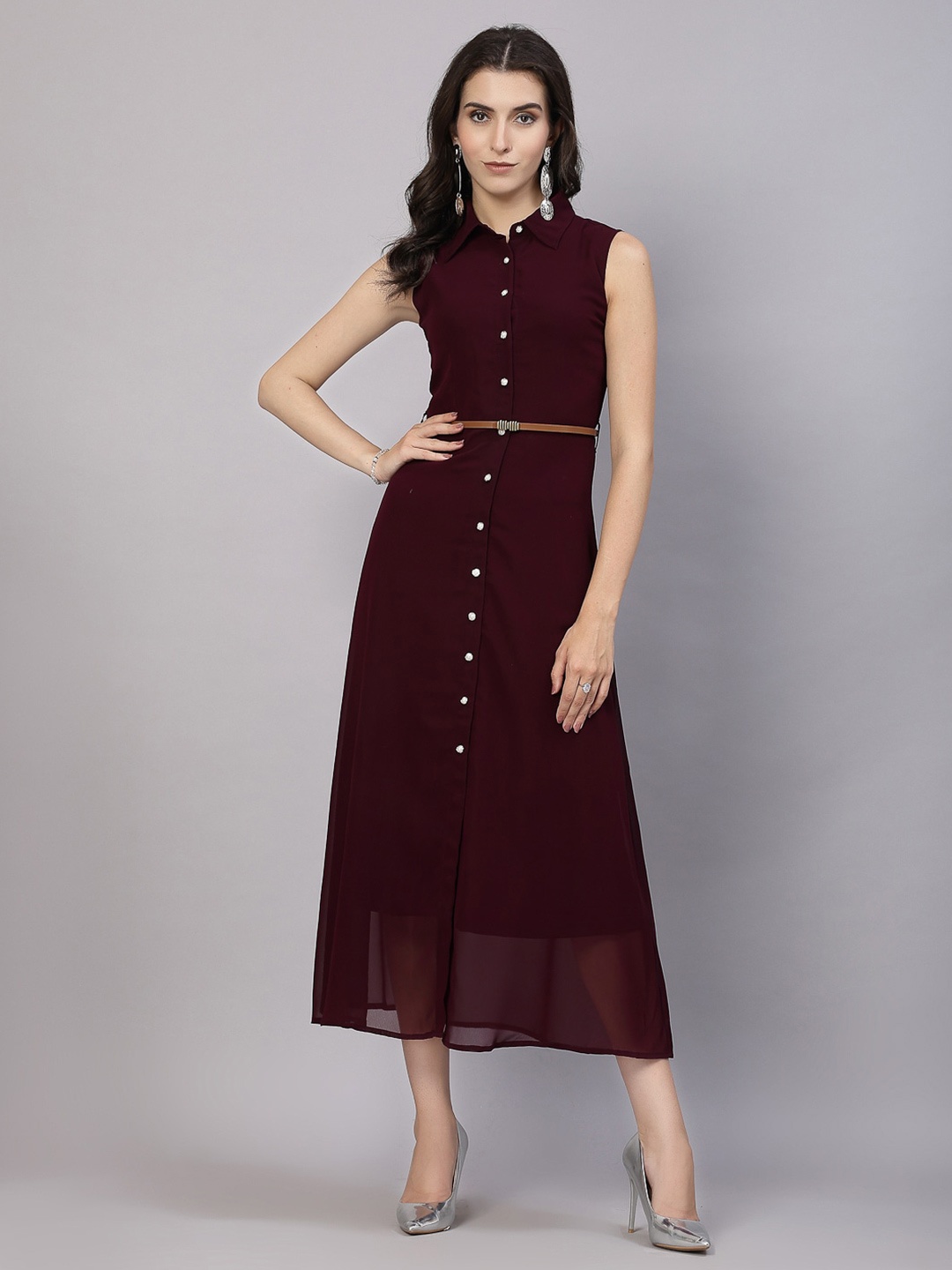 

aayu Sleeveless Belted Shirt Style Midi Dress, Purple