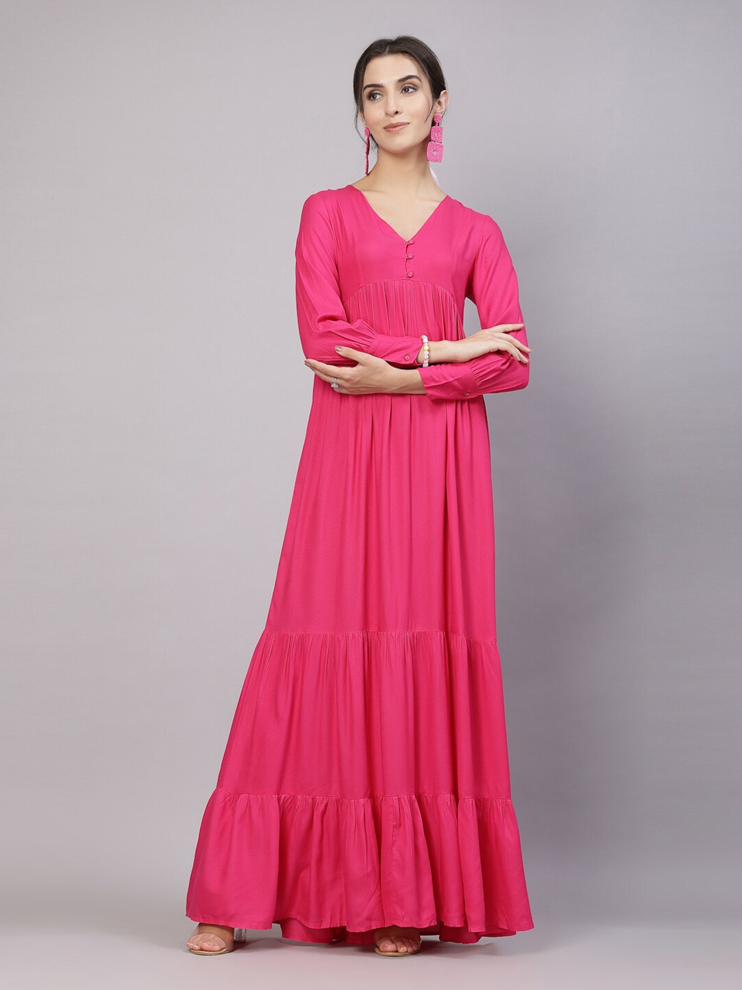 

aayu V-Neck Cuffed Sleeves Tiered Flared Maxi Dress, Fuchsia