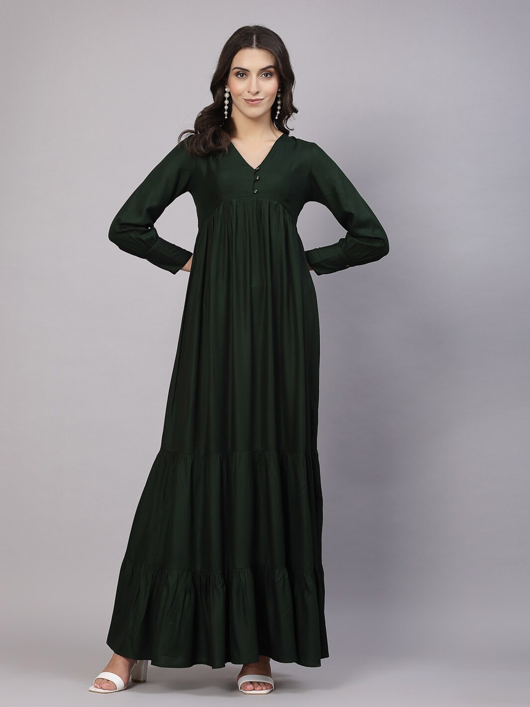 

aayu V-Neck Cuffed Sleeves Tiered Flared Maxi Dress, Green