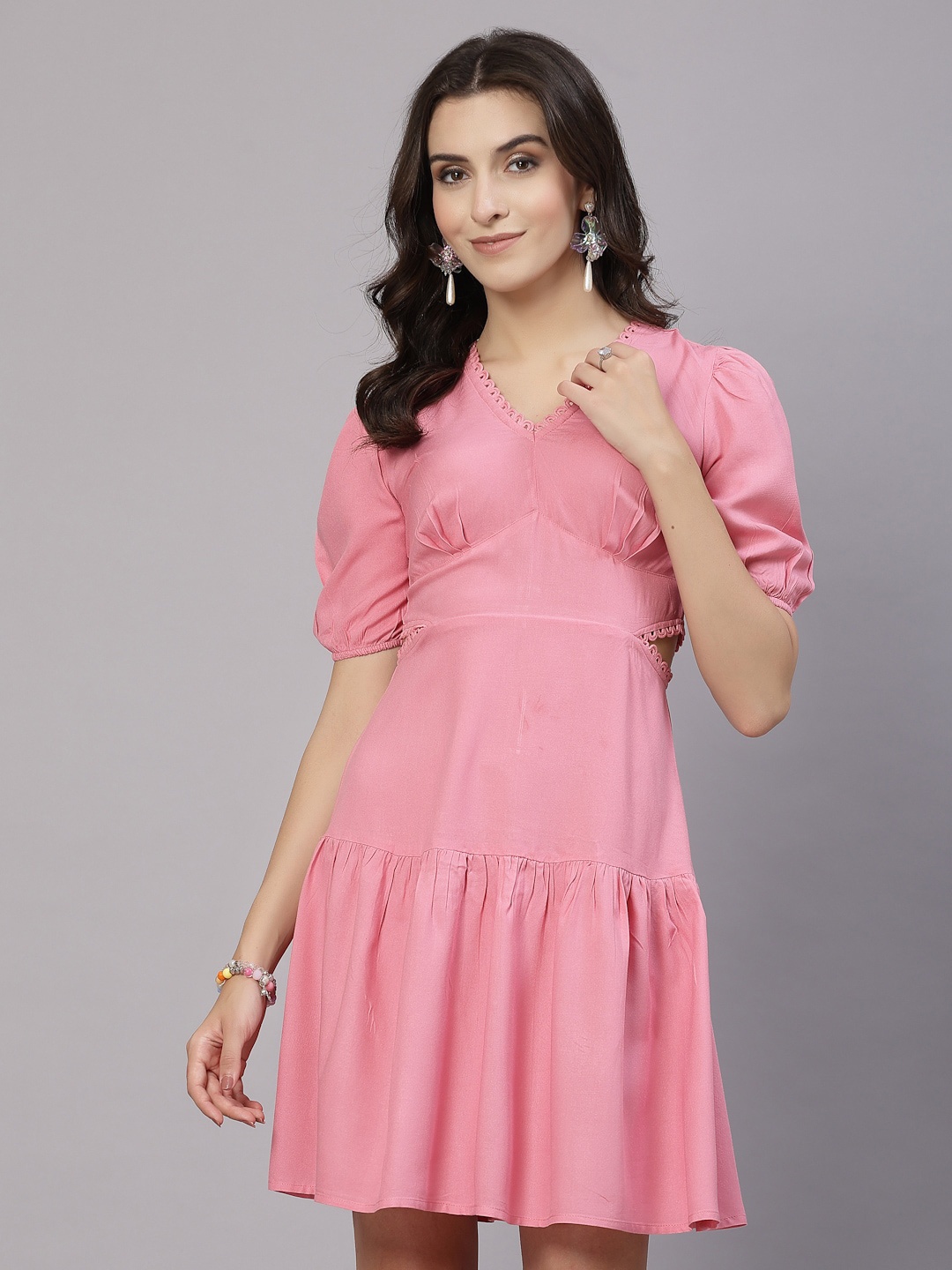 

aayu Puff Sleeve Cut-Outs A-Line Dress, Pink