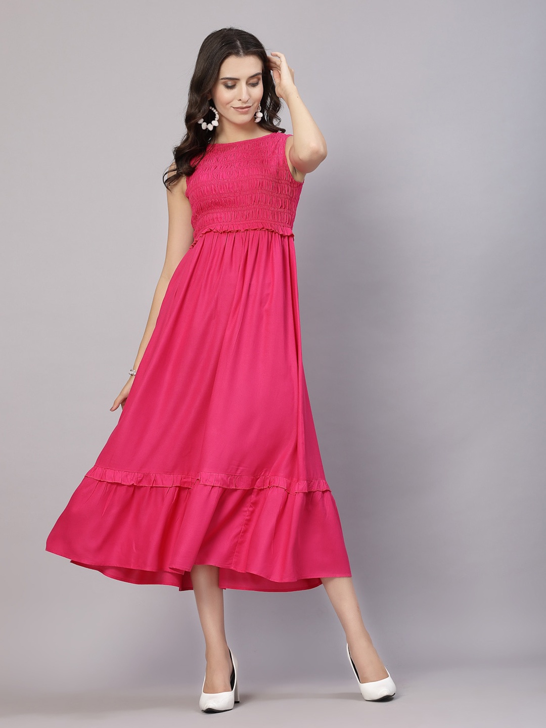 

aayu Round Neck Smocked A-Line Midi Dress, Fuchsia