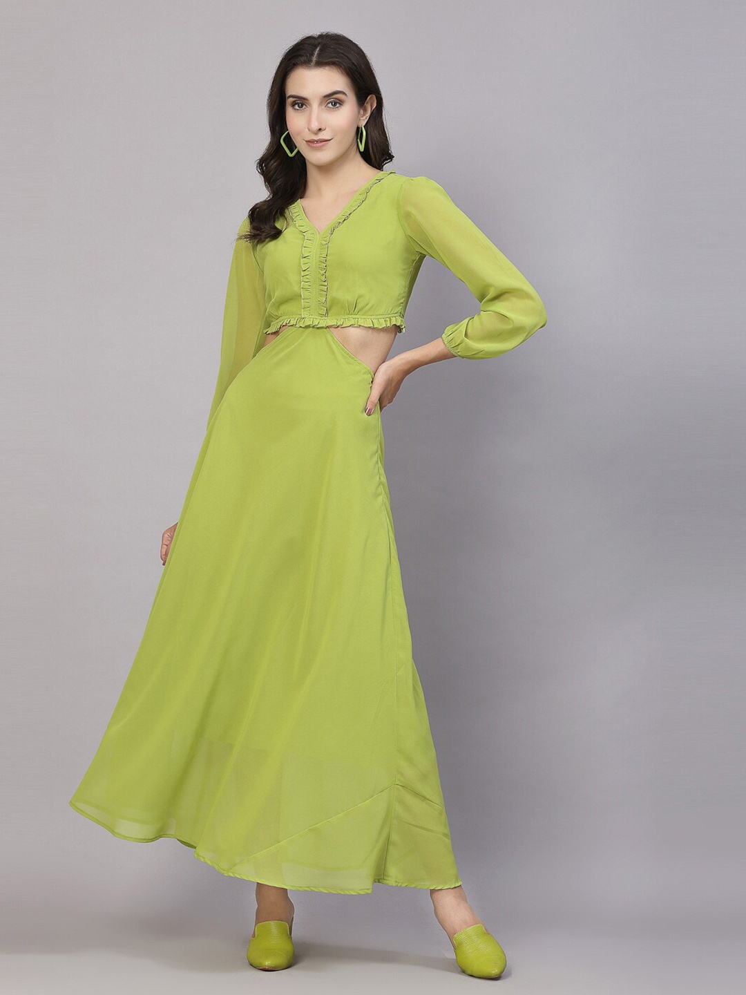 

aayu V-Neck Puff Sleeves Cut-Outs Ruffled Maxi Dress, Fluorescent green