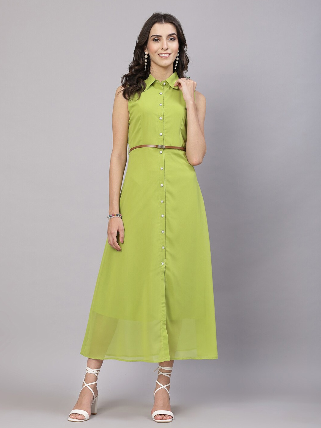 

aayu Shirt Collar Georgette Maxi Dress Comes With A Belt, Fluorescent green
