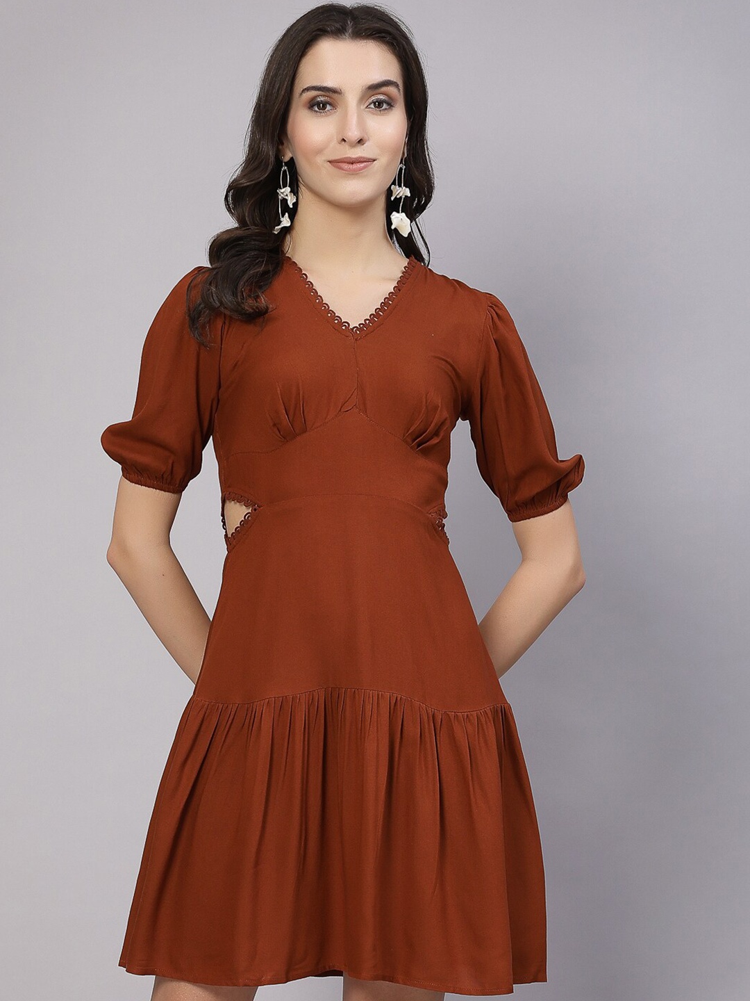 

aayu V-Neck Puff Sleeve Cut-Outs Fit & Flare Dress, Rust