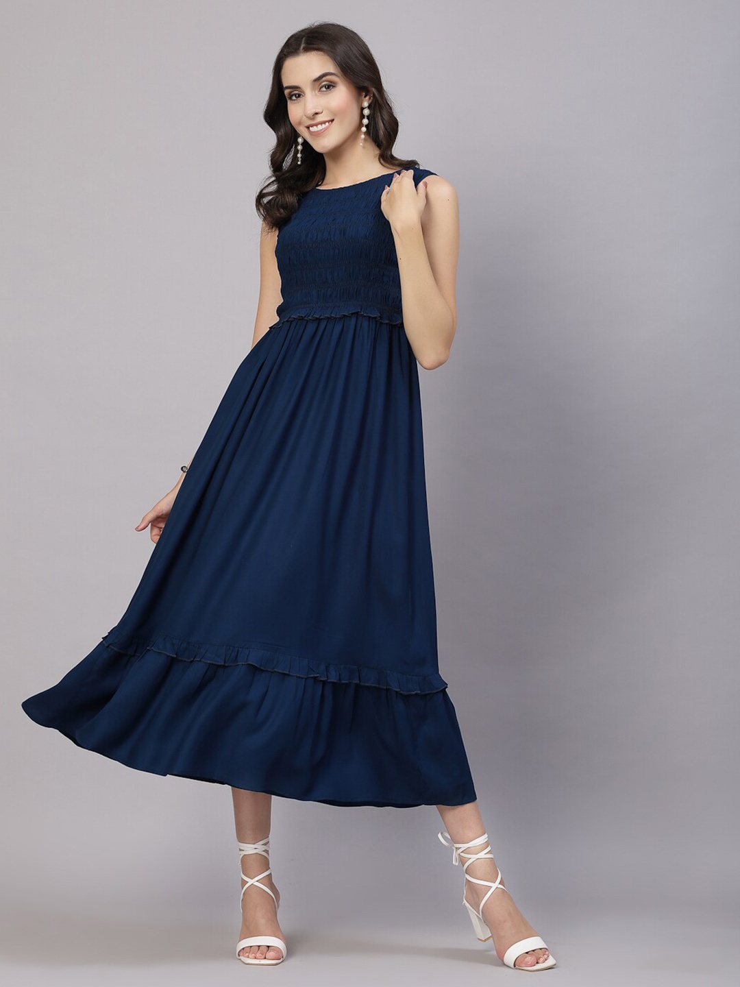 

aayu Round Neck Smocked A-Line Midi Dress, Blue