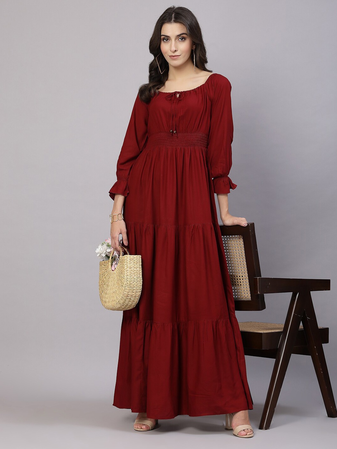 

aayu Tie-Up Neck Puff Sleeve Maxi Dress, Maroon